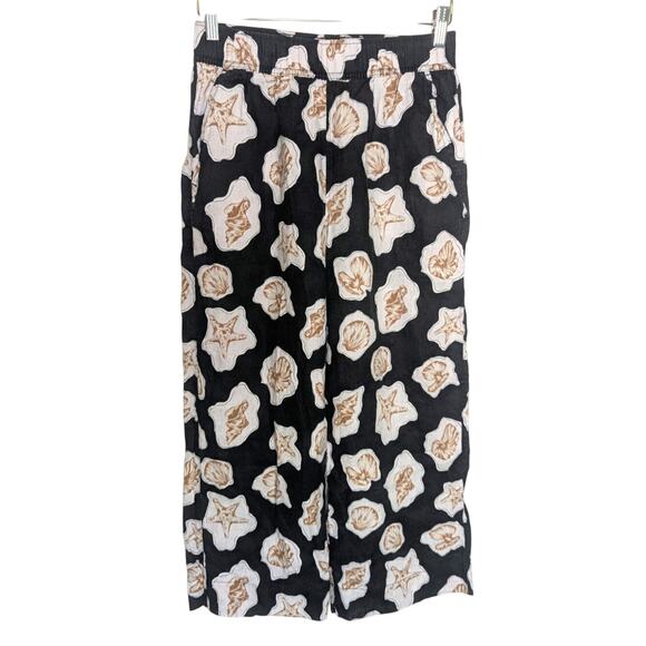 Nicole Miller 100% Linen Shell Print Black Wide Leg Pants Women S Beachy Coastal - Picture 1 of 11